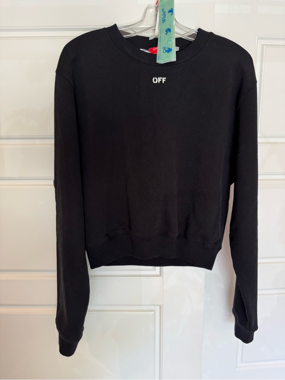 Off-White Black Crewneck Cropped Sweatshirt with Small White "OFF" Logo